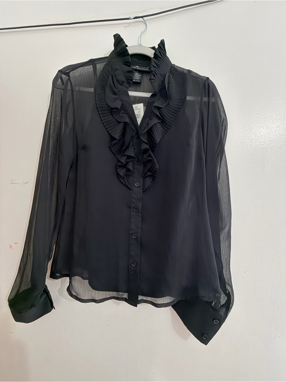 Womens Black Sheer Ruffle-Front Blouse
